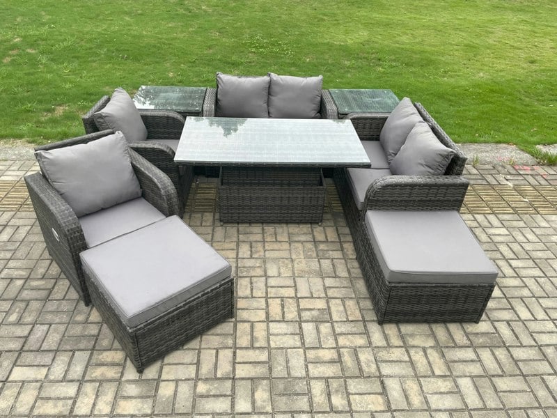 Fimous Rattan Furniture Garden Dining Sets Outdoor Height Adjustable Rising lifting Table Love Sofa Chair With 2 Side Tables 2 Footstools