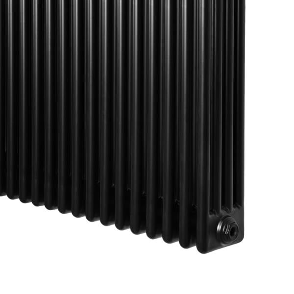 Traditional 4 column radiator in sleek black finish, featuring a smooth texture and compact design, measuring 600 x 1010mm