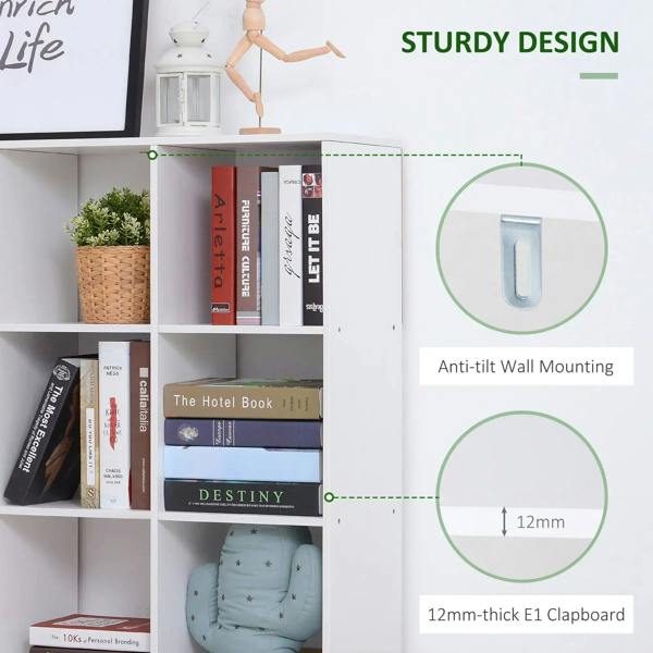 White storage shelf corner with anti-tilt wall mounting bracket and thick clapboard panel.