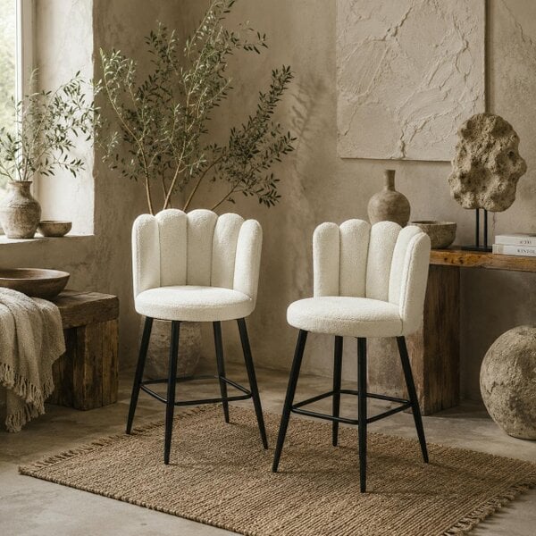 Wyld Haus Ettine Scallop Boucle Cream Upholstered Bar Stools Set Of 2 With Steel Base And Footrest
