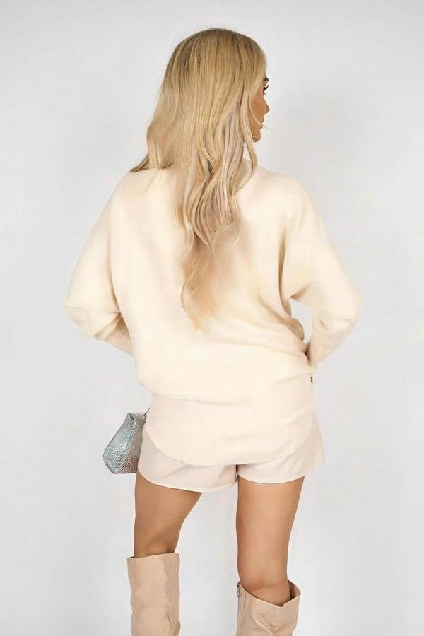 Haisley Long Sleeve Knitted Jumper With Embellished Neckline - Beige