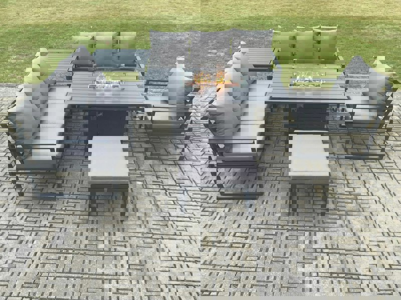 Fimous Aluminium 6 Pieces Garden Furniture Sofa Set with Cushions 8 Seater Gas Fire Pit Dining Table Set with Side Table Big Footstool Dark Grey
