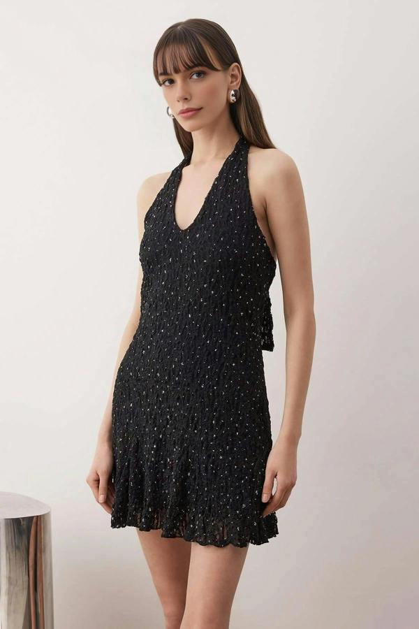WOVCOR Halter Neck Lace Mini Lined Dress with Stone Print