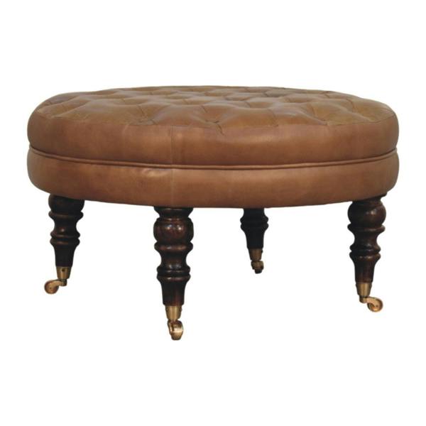 Artisan Furniture Solid Wood Brown Buffalo Leather Round Ottoman with Castor Legs