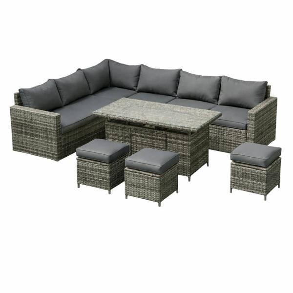 The Tarporley Grey 9 Seat Corner Firepit Rattan Dining Set - Madefor.Living