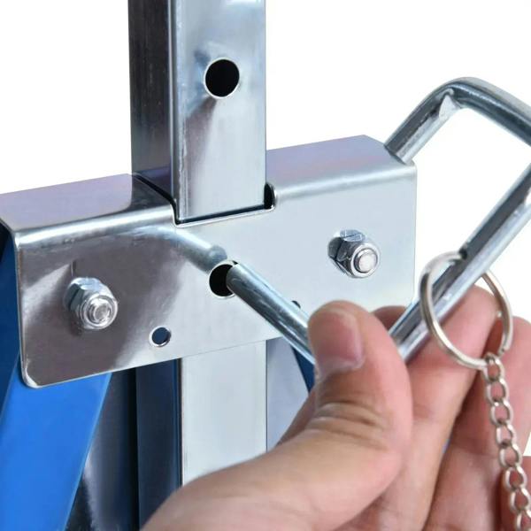 Silver metal trestle connection plate with locking pin and chain ring handle