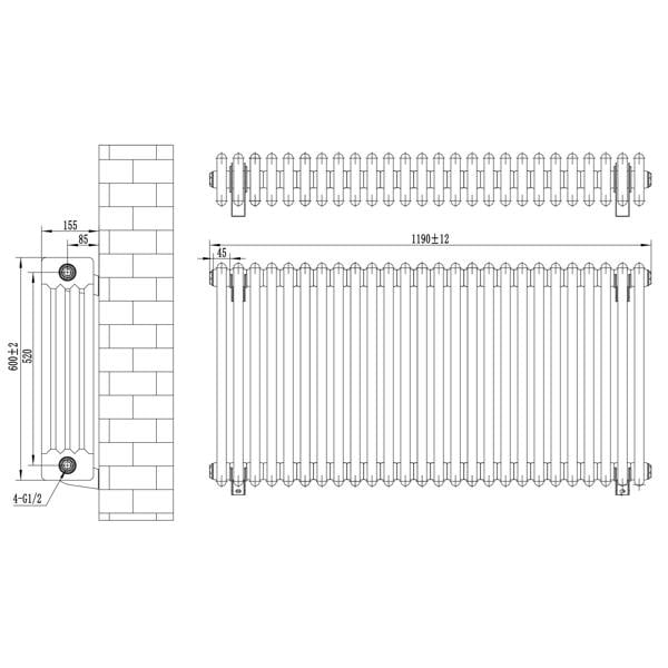 Traditional anthracite grey 4 column radiator with detailed measurements, showcasing its sleek design and sturdy construction