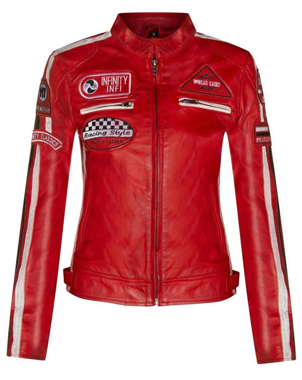 Womens Biker Racing Badges Leather Jacket-Eastleigh - Upperclass Fashions 