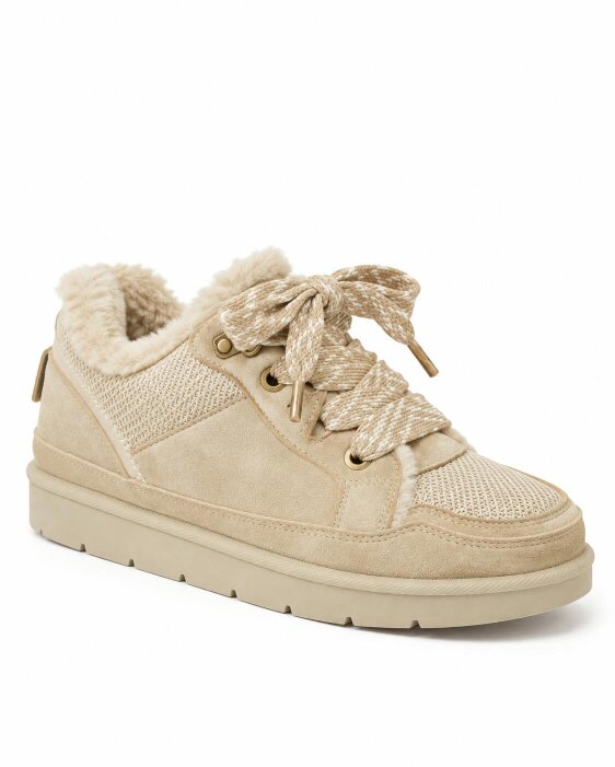 Love Lemonade Hudson Comfort Faux Suede Check Lace Faux Fur Lined Trainers Nude