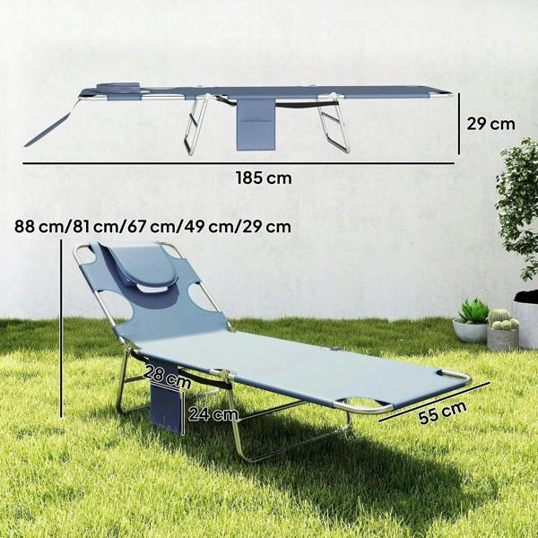 Grey folding sun lounger with steel frame, head pillow, and contoured arm openings.