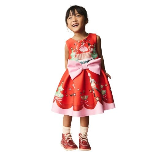 Cath Kidston Girls Christmas Scuba Bow Sleeveless Dress - Red