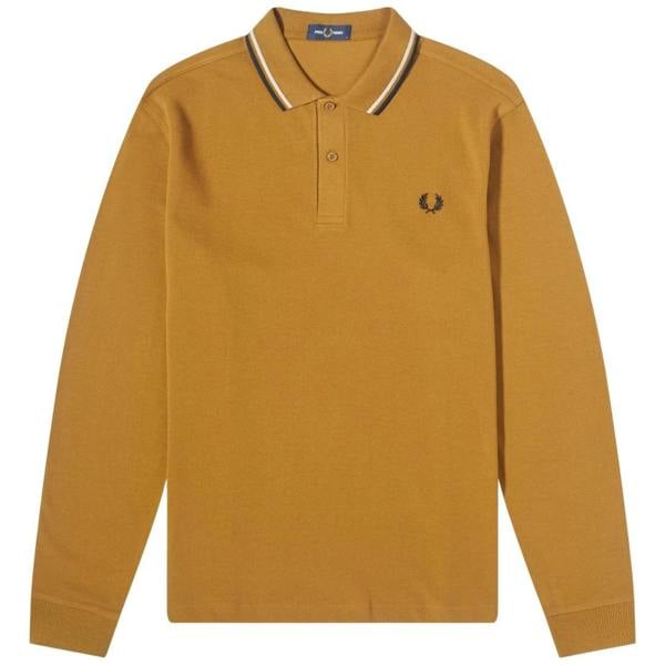 Fred Perry Black Twin Tipped Collar Dark Caramel Long Sleeve Polo Shirt XS