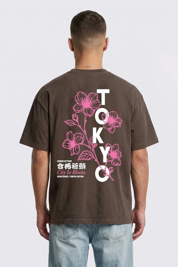 London Attitude Tokyo City in Bloom Oversized Heavyweight Graphic T-Shirt - Dark Chocolate