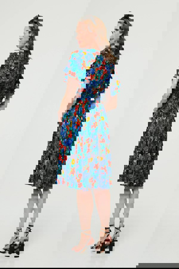 Blue | Floral Shirred Short Sleeve Midi Dress
