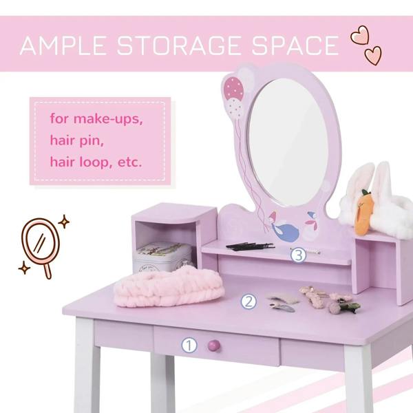 Kids pink wooden dressing table with oval mirror, top vanity shelf, and side storage drawer