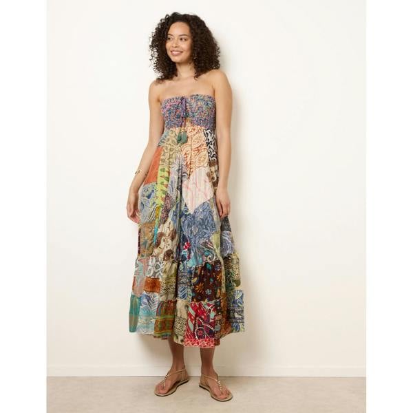 Blue Vanilla Shirred Patchwork Art Bandeau Dress