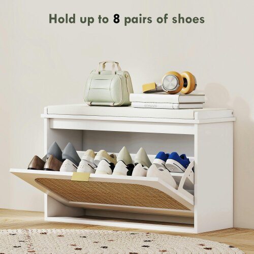 Wyld Haus Kekami Wooden White Boho Style Shoe Bench With Cushioned Seat And Flip Drawer