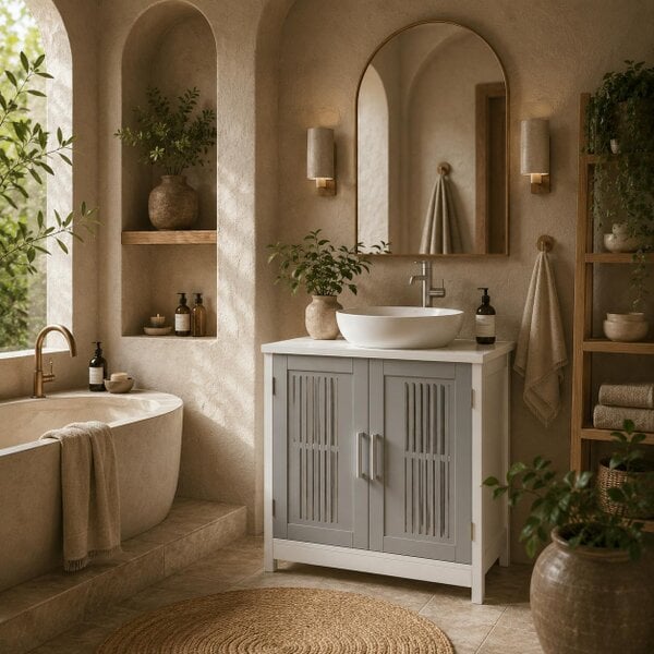 Wyld Haus Nelike Grey Under Sink Vanity Unit With Double Doors And Adjustable Shelving Modern Design