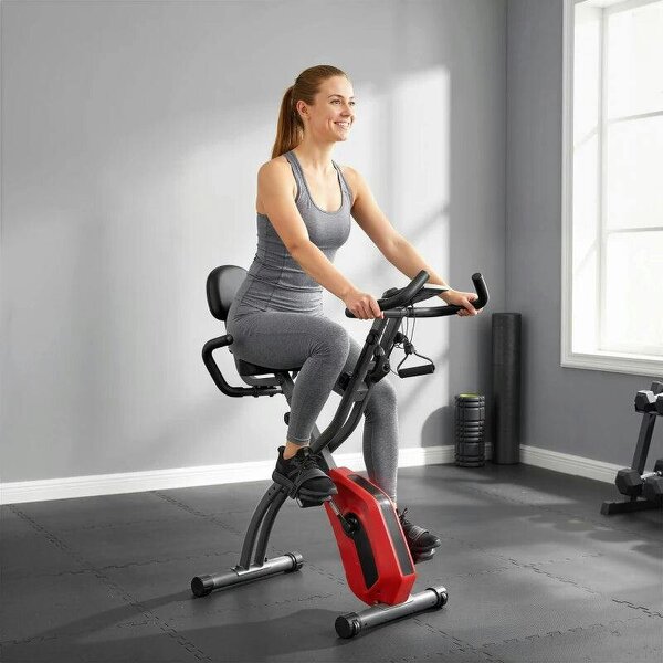 4-In-1 Folding Exercise Bike with Resistance Bands, Bluetooth App, 8-Level Magnetic Resistance, LCD Display, Red - Red