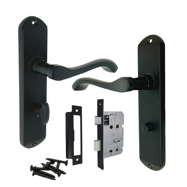 EDH Door Hardware Cadenza Modern Matt Black Scroll Door Handles Bathroom Lock Handle 178mm x 40mm - Bathroom Handle + Bathroom Lock
