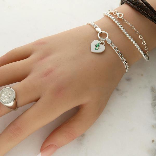 Love Silver Sterling Silver Heart and Birthstone Double Curb Bracelet With Optional Engraving