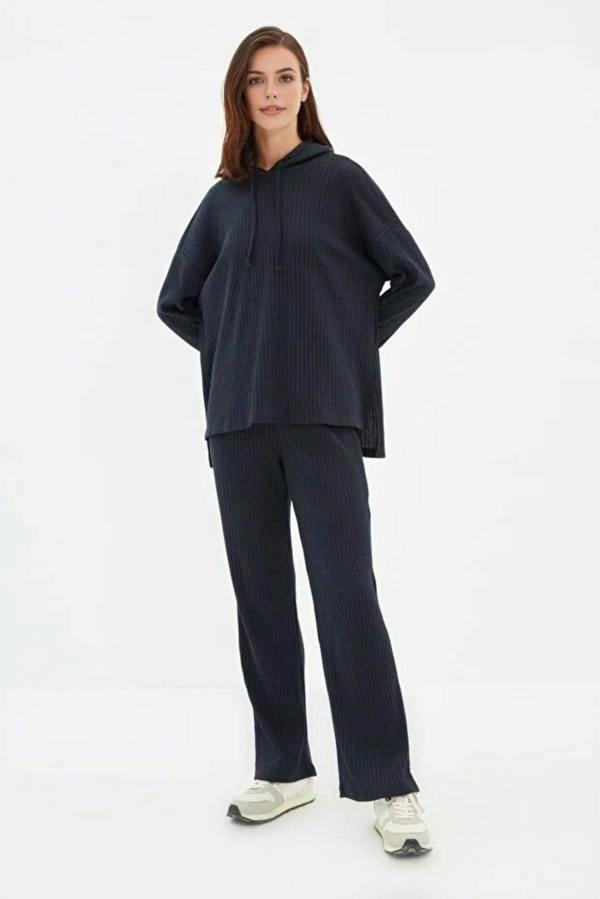 WOVCOR 2 Piece Ribbed Knit Pajama Set with Hood