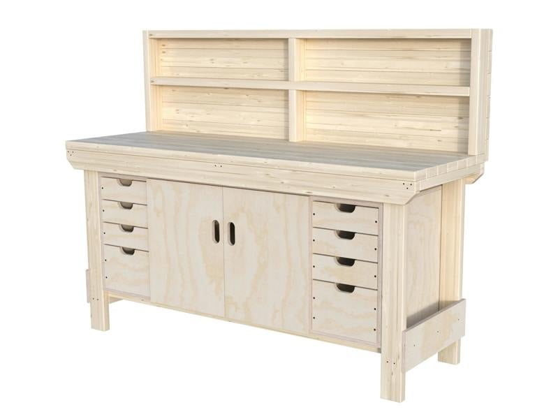 Acorn Heavy-Duty Cupboard Workbench (V.4) – Sturdy Wooden Workbench with Two-Door Cupboard in the middle, Multiple Drawers, and Optional Back Panel or Pegboard, Ideal for Garages, Workshops, and Sheds