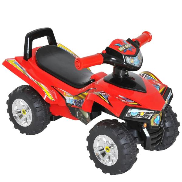 Red kids ride-on quad bike with black seat and four large wheels