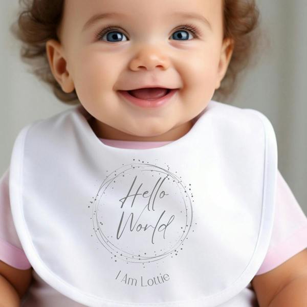 Personalised Hello World Baby Grow, Vest or Bib with Name