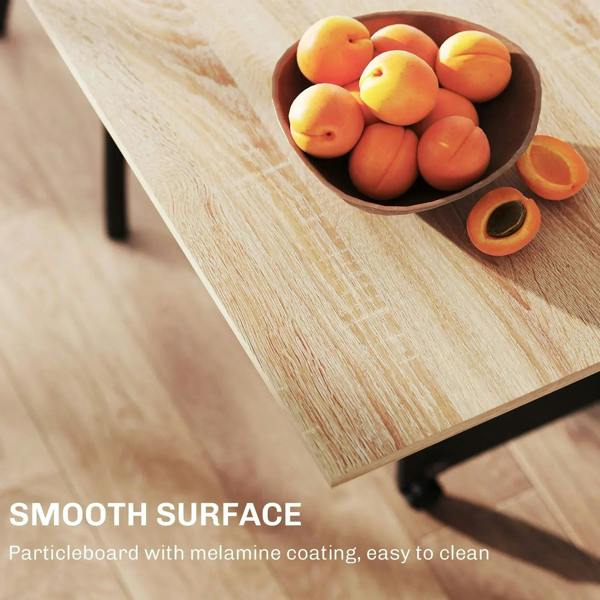 Light oak tabletop with smooth melamine finish on a folding drop-leaf dining table