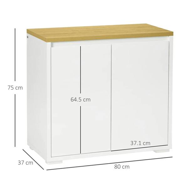 White storage cabinet with double doors, showing size dimensions