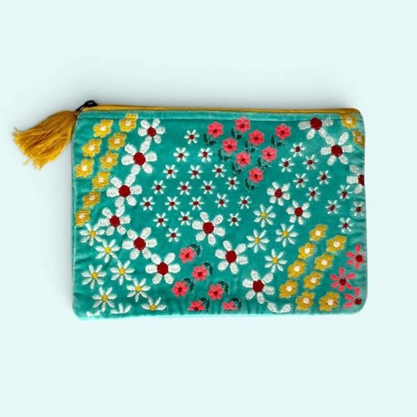 Hayley & Co Embroidered Velvet Make Up Bag | Everyday Pouch | Daisy Floral in Turquoise