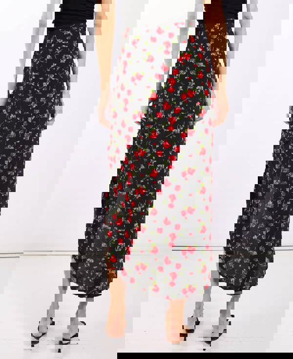 Floral Black Ruche Side Midi Skirt Back