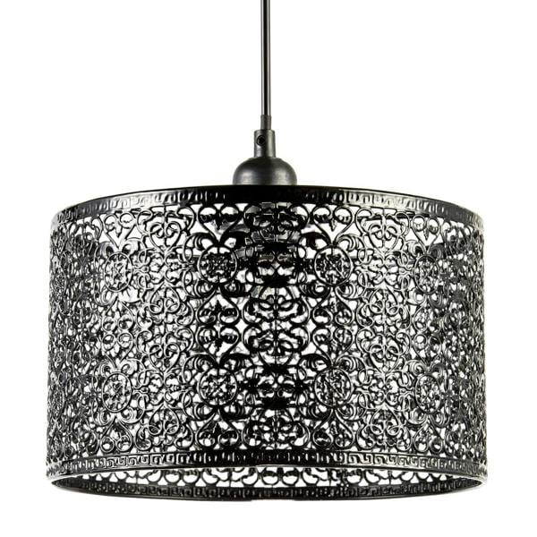 Ornate Moroccan Style Decorated Black Gloss Metal Pendant Lamp Shade Image 1