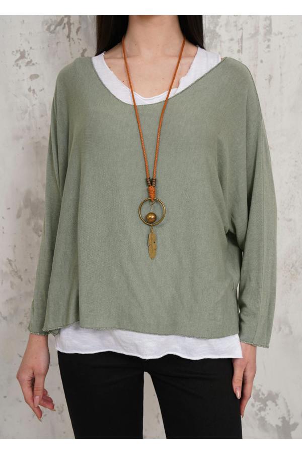 Hoxton Gal Oversized Long Sleeves Double Layered Top in Green