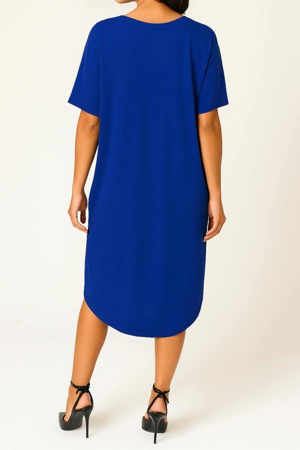 Hoxton Gal Relaxed Fit V-Neck Batwing Sleeve Midi Dress Kaftan Style in Royal Blue