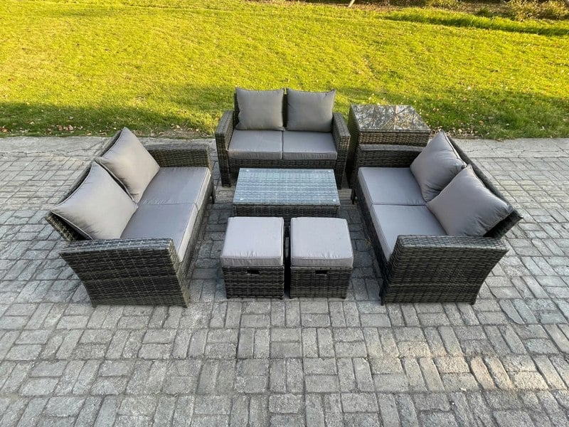 Fimous 7pc Rattan Sofa Garden Furniture Outdoor Patio Set with Side Table 2 Small Footstools Double Seat Sofa Dark Grey Mixed