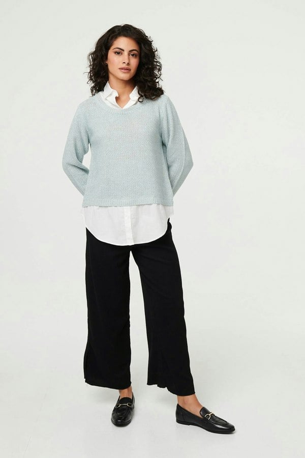 Blue | Layered Long Sleeve Shirt Jumper Top
