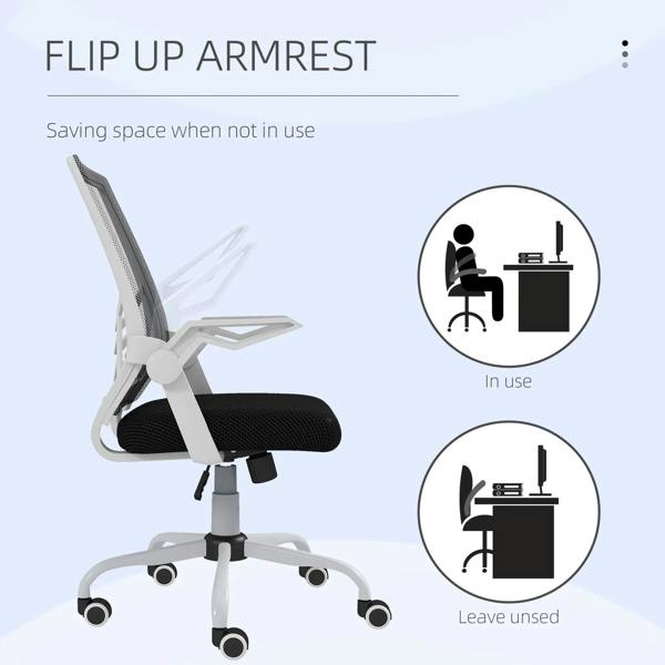 Black mesh office chair with flip-up armrests and padded seat on swivel casters