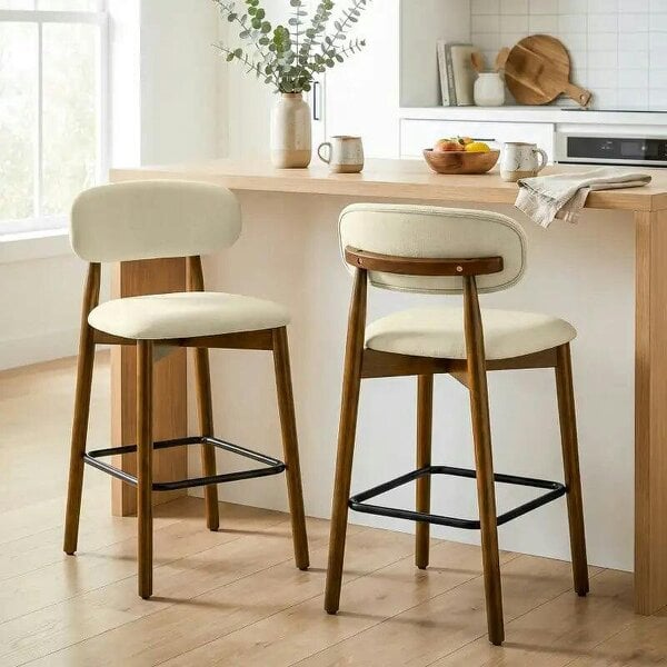 Bar Stools Curved Open Back Padded Seat Footrest Set of 2 for Kitchen Beige - Beige
