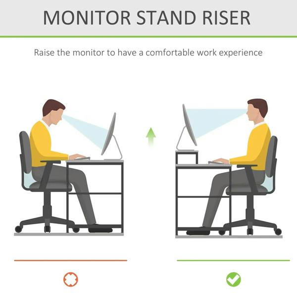 Bamboo monitor stand riser illustration showing raised monitor position and desk comfort