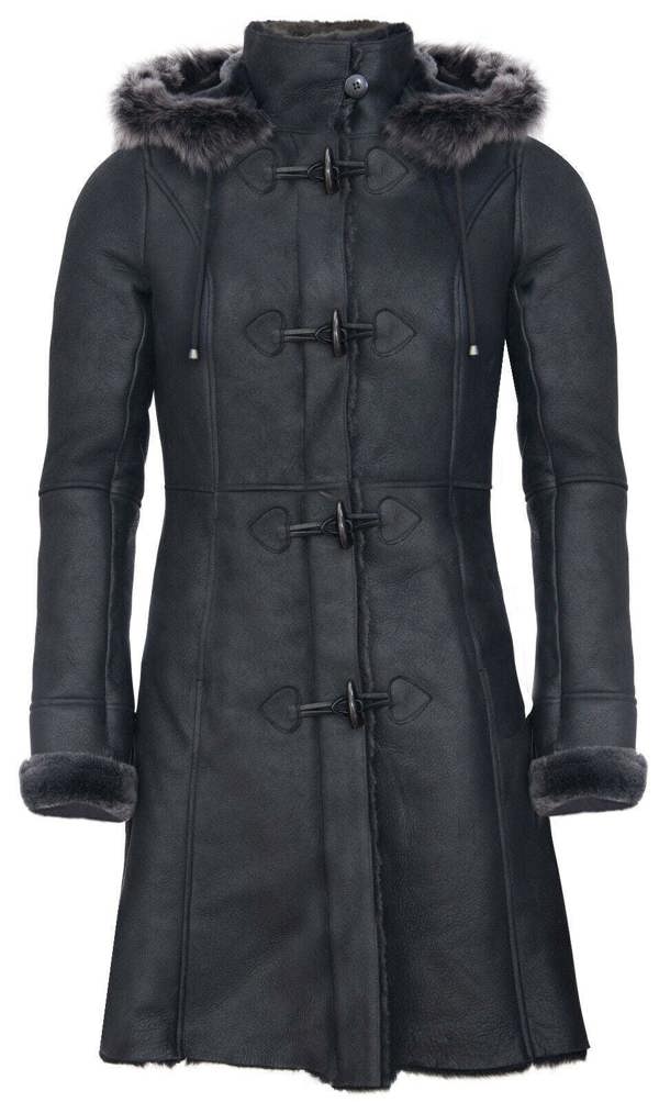 Infinity Leather Womens Black Sheepskin Hooded Duffle Coat-Ottawa
