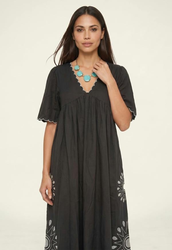 Raffya Ibiza Smock Embroidered Midi Dress In Slate Grey