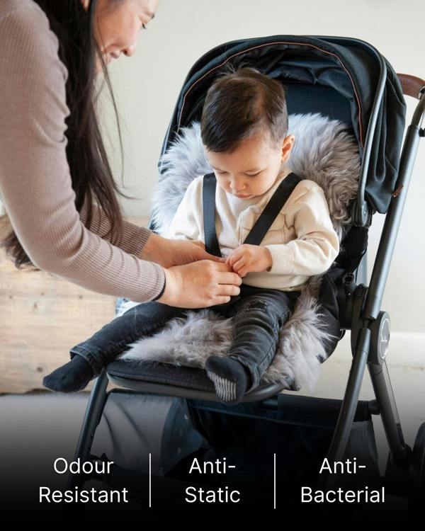 Child being buckled into a stroller