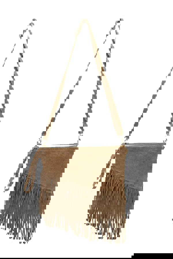 Kitise Small Multi-Functionla Fringe Italian Suede Leather Wristlet Purse Bag Crossobody Handbag