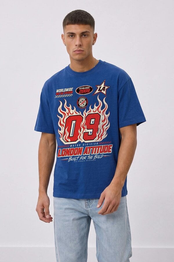 London Attitude Racing Oversized Heavyweight Graphic T-Shirt - Deep Royal Blue