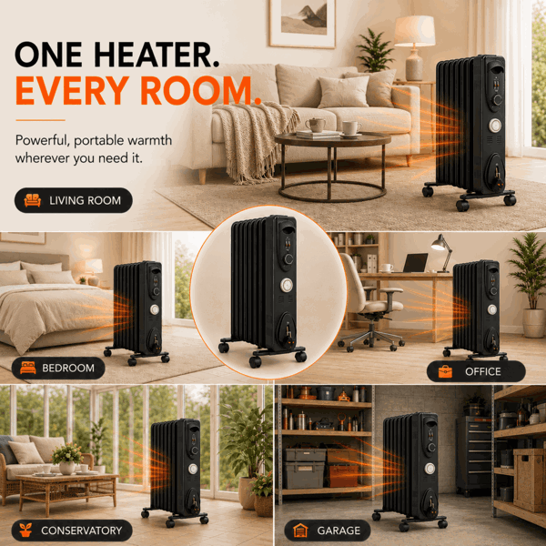 MYLEK Oil Filled Radiator 2000w Portable Heater Thermostat 24 Hour Timer Grey