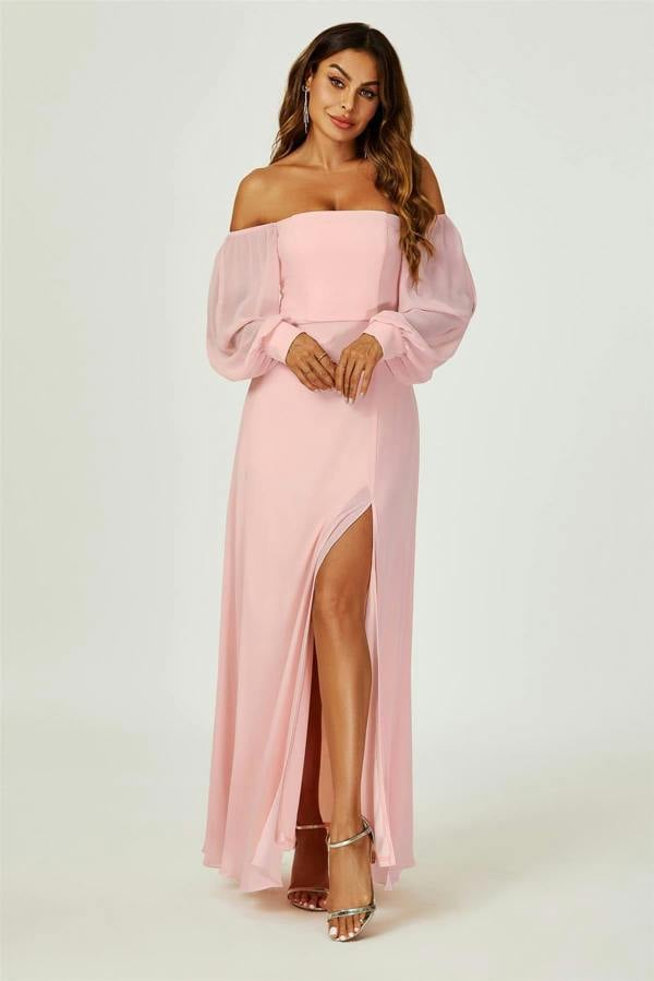 FS Collection Bardot Long Sleeve Bridesmaid Dresses with High Slit In Pink