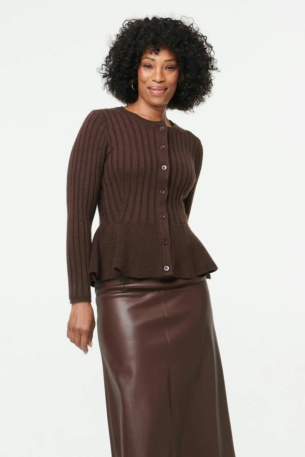 Brown | Striped Texture Buttoned Peplum Cardigan