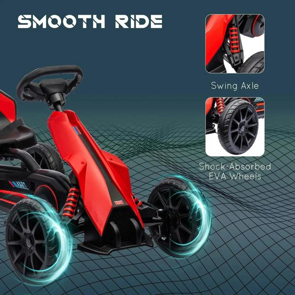 Red kids pedal go-kart with EVA wheels, spring suspension, and front steering